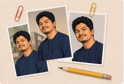 Collage of three illustrated photos of Asyraf pinned with paper clips