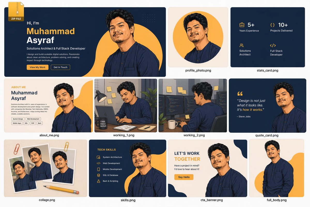 Preview of the full illustrated portfolio kit: banner, profile, stats, about, working, quote, collage, skills and call-to-action cards