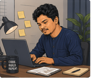 Working on a laptop with a Code Build Repeat mug