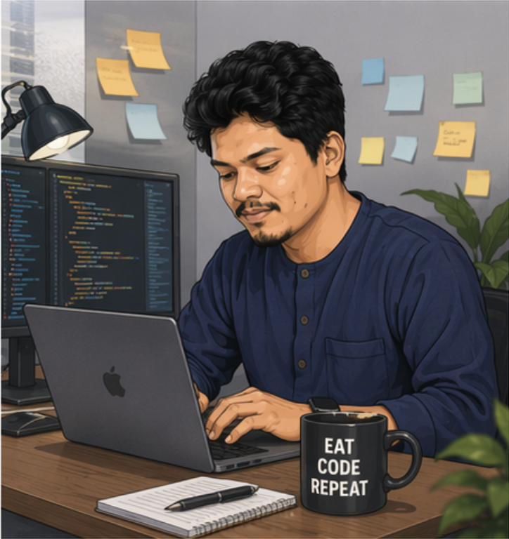 Coding at desk with an Eat Code Repeat mug